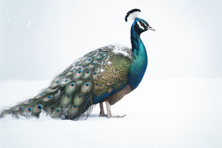 Peacock in snowfall. Wildlife scene from winter nature.の素材