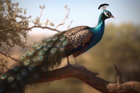 Peacock on a tree branch in the desert of Africa.の素材