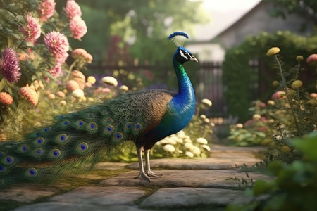 Peacock in the garden at sunset. Beautiful peacock.の素材