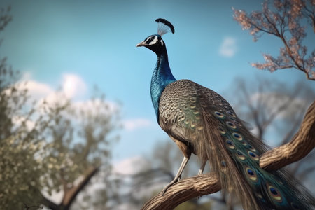 Peacock on a tree branch with blue sky in the backgroundの素材