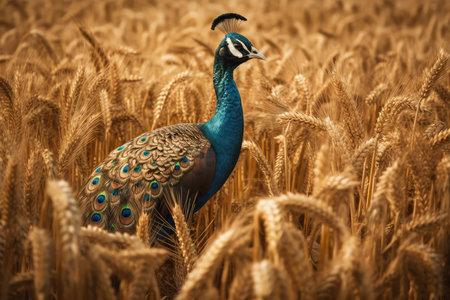 Peacock in a wheat field. Beautiful peacock in a wheat field.の素材