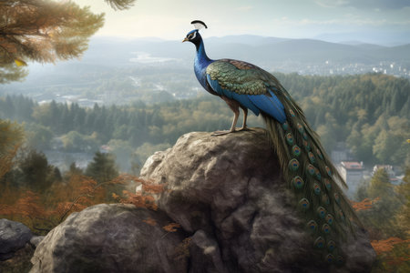 Peacock standing on a rock in the autumn forest. 3d renderの素材