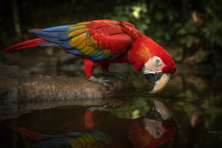Scarlet macaw sitting on a branch in the water, close-upの素材