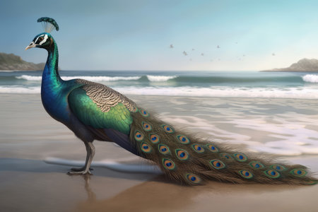 Peacock on the beach at sunset. 3D illustration.の素材