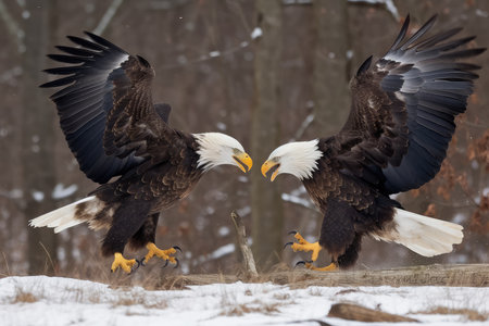 Adult Bald Eagle (Haliaeetus leucocephalus) fight in winter.の素材