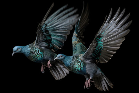 3D rendering of a pair of pigeons isolated on black backgroundの素材
