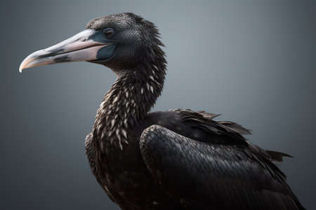 Portrait of a black pelican on a gray background with copy spaceの素材