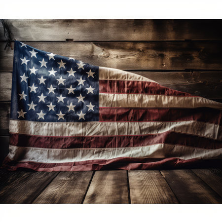 American flag on wooden background. American flag on old wood background.の素材