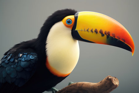 Toucan sitting on a branch, isolated on gray background.の素材