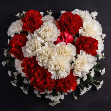 This stunning bouquet features a heart-shaped arrangement of red and white carnations, symbolizing love and purity. The contrasting colors create a beautiful and eye-catching display that is perfect for any occasion. The red carnations represent deep love and passion, while the white carnations symbolize purity and innocence. Together, they create a powerful message of love and devotion. This bouquet is perfect for Valentine's Day, anniversaries, or any special occasion where you want to express your love and affection. It is sure to make a lasting impression on your loved one and show them just how much you care.の素材