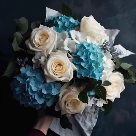 The bouquet was a stunning combination of blue hydrangeas and white roses. The hydrangeas added a pop of color to the otherwise traditional white roses. The blue petals were like a clear sky on a sunny day, while the white roses were like fluffy clouds. The bouquet was arranged in a perfect balance, with the hydrangeas adding volume and the roses adding elegance. It was a beautiful gift for any occasion, be it a wedding, anniversary, or just to brighten someone's day. The recipient would surely be delighted with this stunning bouquet of blue hydrangeas and white roses.の素材