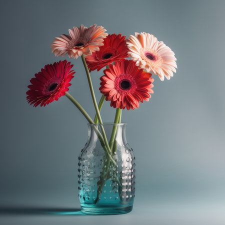 The vibrant colors of the gerbera daisies in the bright vase instantly lifted my mood. Their cheerful petals seemed to radiate happiness, and I couldn't help but smile as I gazed at them. The vase itself was a work of art, with its bold, geometric design and glossy finish. It was the perfect complement to the lively flowers it held. As I sat and admired the arrangement, I felt a sense of calm wash over me. It was as if the daisies were reminding me to appreciate the beauty in the world and to always look for the bright side of things.の素材