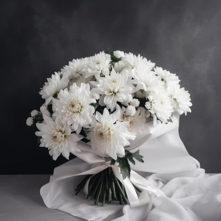 The monochromatic bouquet was a stunning display of all white flowers. The delicate petals of the roses, lilies, and hydrangeas blended together seamlessly, creating a soft and elegant look. The bouquet was tied together with a simple white ribbon, adding to its timeless beauty. As the bride walked down the aisle, the bouquet complemented her stunning white gown perfectly. The guests were in awe of the simple yet breathtaking arrangement, and it became the centerpiece of the wedding. The monochromatic bouquet was a symbol of purity, innocence, and new beginnings, making it the perfect choice for a wedding day.の素材