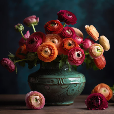 The delicate petals of the ranunculus flowers were a soft shade of pink, almost like blush on a bride's cheeks. They were arranged in a vintage-inspired vase, with intricate details etched into the glass. The vase had been passed down through generations of the family, and it held a special place in her heart. As she looked at the flowers, memories flooded back of her grandmother's garden, where ranunculus bloomed in abundance. She could almost smell the sweet fragrance of the flowers, and it brought a smile to her face. The vase and the flowers were a reminder of the beauty and simplicity of life.の素材