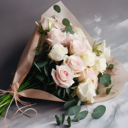 The bouquet was a stunning display of pink and white roses, arranged in a romantic and delicate fashion. The soft petals of the roses were perfectly complemented by the lush greenery that surrounded them. As I held the bouquet in my hands, I couldn't help but feel overwhelmed by the beauty of it all. The sweet fragrance of the roses filled the air, and I knew that this was the perfect gift for my beloved. With each passing moment, my love for her grew stronger, and I knew that this bouquet would be a symbol of my affection for years to come.の素材