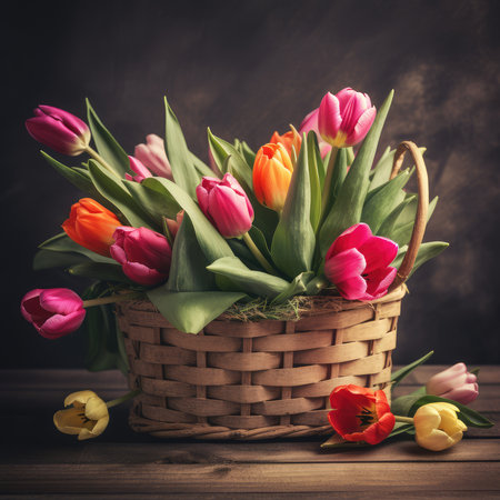 The vibrant colors of springtime tulips burst forth from a rustic basket, bringing joy and beauty to any room. The delicate petals of pink, yellow, and red dance in the gentle breeze, their sweet fragrance filling the air. The woven basket, with its natural texture and earthy tones, adds a touch of rustic charm to the display. As the tulips bloom and grow, they remind us of the renewal and hope that comes with the changing of the seasons. A simple yet stunning arrangement, these tulips in a rustic basket are a perfect way to welcome spring into your home.の素材