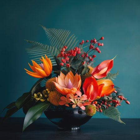 The vibrant colors of tropical flowers burst forth from the sleek, modern vase. The sharp lines of the vase contrast with the soft curves of the petals, creating a stunning visual display. The scent of the flowers fills the room, transporting you to a far-off island paradise. Each bloom seems to have its own personality, from the fiery reds to the sunny yellows and cool blues. The arrangement is a work of art, a testament to the beauty of nature and the skill of the florist who crafted it. It's impossible not to feel uplifted in the presence of such natural splendor.の素材
