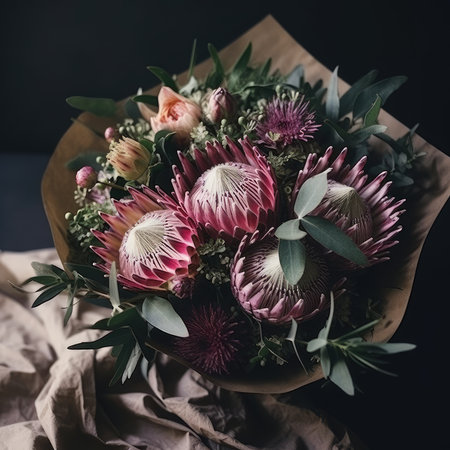 This bouquet is a stunning combination of protea and thistle, creating a unique and eye-catching arrangement. The large, bold blooms of the protea are balanced by the delicate, spiky thistle, creating a beautiful contrast of textures. The colors of the flowers complement each other perfectly, with the soft pink and cream tones of the protea contrasting with the deep purple of the thistle. This bouquet is perfect for a bride who wants something a little different, and it would look stunning against a simple white wedding dress. It's a truly unique and unforgettable choice for any special occasion.の素材