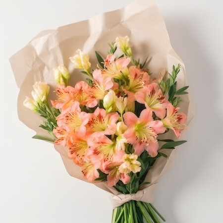 This sweet and simple bouquet features beautiful alstroemeria flowers in shades of pink, white, and yellow. The delicate blooms are arranged in a classic round shape, with greenery adding a touch of texture and contrast. Alstroemeria, also known as Peruvian lilies, are a popular choice for bouquets due to their long-lasting nature and vibrant colors. This bouquet is perfect for any occasion, from birthdays to anniversaries to just because. It's a thoughtful and charming way to brighten someone's day and let them know you're thinking of them.の素材