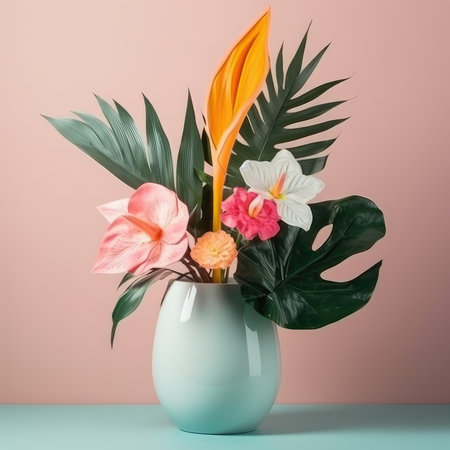 The vibrant colors of tropical flowers burst forth from the sleek, modern vase. The sharp lines of the vase contrast with the soft curves of the petals, creating a stunning visual display. The scent of the flowers fills the room, transporting you to a far-off island paradise. Each bloom seems to have its own personality, from the fiery reds to the sunny yellows and cool blues. The arrangement is a work of art, a testament to the beauty of nature and the skill of the florist who crafted it. It's impossible not to feel uplifted in the presence of such natural splendor.の素材
