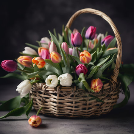 The vibrant colors of springtime tulips burst forth from a rustic basket, bringing joy and beauty to any room. The delicate petals of pink, yellow, and red dance in the gentle breeze, their sweet fragrance filling the air. The woven basket, with its natural texture and earthy tones, adds a touch of rustic charm to the display. As the tulips bloom and grow, they remind us of the renewal and hope that comes with the changing of the seasons. A simple yet stunning arrangement, these tulips in a rustic basket are a perfect way to welcome spring into your home.の素材