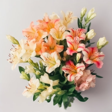 This sweet and simple bouquet features beautiful alstroemeria flowers in shades of pink, white, and yellow. The delicate blooms are arranged in a classic round shape, with greenery adding a touch of texture and contrast. Alstroemeria, also known as Peruvian lilies, are a popular choice for bouquets due to their long-lasting nature and vibrant colors. This bouquet is perfect for any occasion, from birthdays to anniversaries to just because. It's a thoughtful and charming way to brighten someone's day and let them know you're thinking of them.の素材