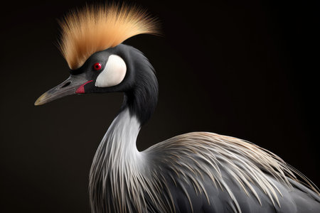 Portrait of a crowned crane on a black background. 3d renderingの素材