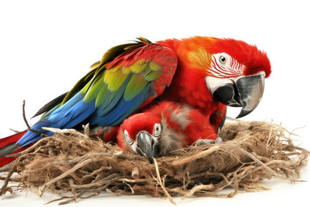 Colorful macaw parrots on a nest isolated on white backgroundの素材
