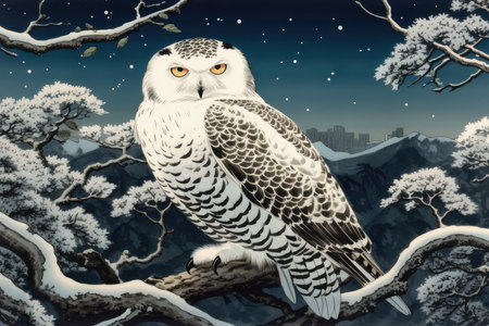 Snowy owl sitting on a branch in the forest. Vector illustration.の素材