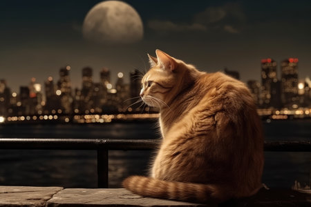 Beautiful ginger cat sitting on the pier and looking at the night cityの素材
