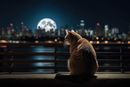 Cute ginger cat sitting on the bridge and looking at the night city.の素材