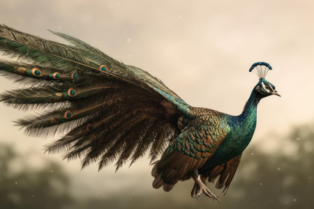 Beautiful peacock with feathers flying in the sky. 3d renderingの素材
