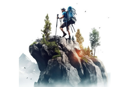 Hiker with backpack and trekking poles on top of mountain. Mixed mediaの素材