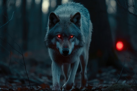Portrait of a wolf in the forest at night with red lightの素材