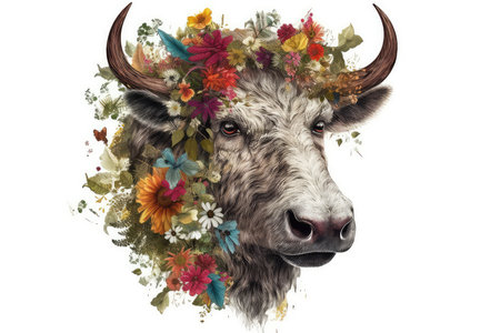 Bull head with floral wreath. Isolated on white background.の素材