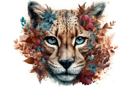 Watercolor portrait of a wild cat with autumn leaves and flowers.の素材