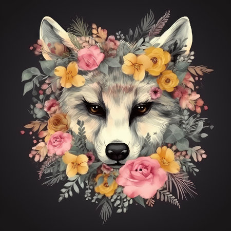 Portrait of a wolf with flowers on a black background. Vector illustration.の素材