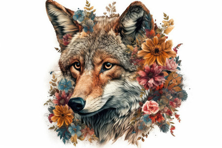 Portrait of a wolf with flowers in the style of watercolorの素材
