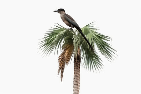 A bird perched on a palm tree isolated on a white background.の素材
