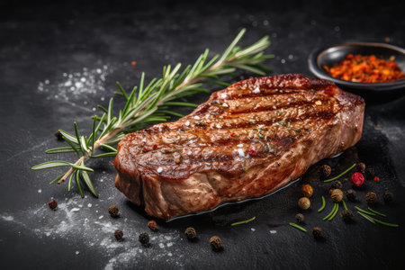 Grilled beef steak with rosemary and spices on a black backgroundの素材