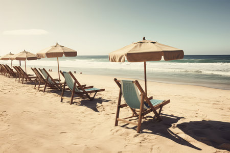 Beach chairs and umbrellas on the sandy beach. Toned.の素材