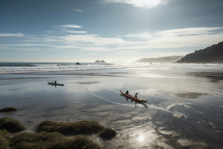 Silhouette of a kayak on the beach at low tideの素材