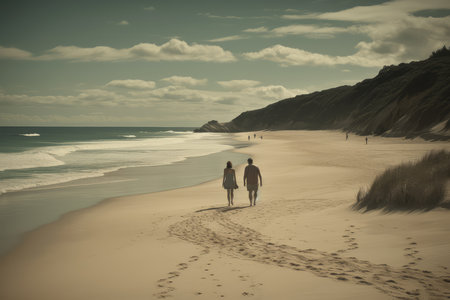 Couple walking on the beach at Porthcurno, Cornwallの素材