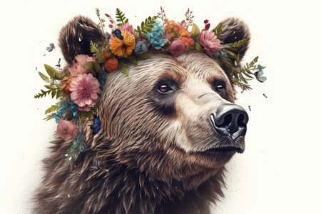 Portrait of a brown bear in a wreath of flowers.の素材