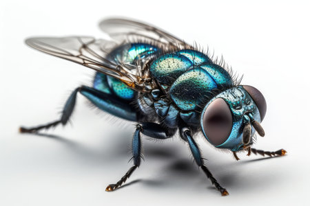 Close up of a blue fly isolated on a white background. Macroの素材