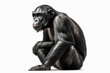Chimpanzee sitting on the floor isolated on a white backgroundの素材