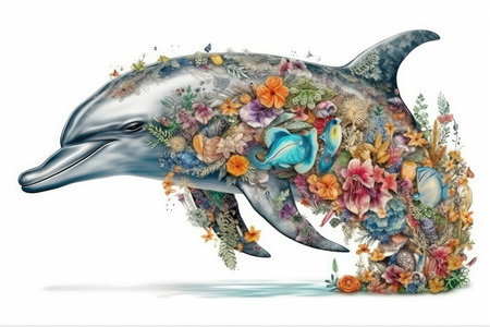 Dolphin with flowers isolated on white background. Watercolor illustration.の素材