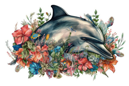 Hand drawn watercolor illustration of a dolphin with flowers and leaves.の素材