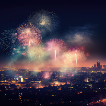 Colorful fireworks over night cityscape with skyscrapers. Celebration conceptの素材