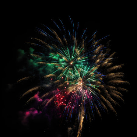 Colorful fireworks of various colors over night sky. Abstract background.の素材
